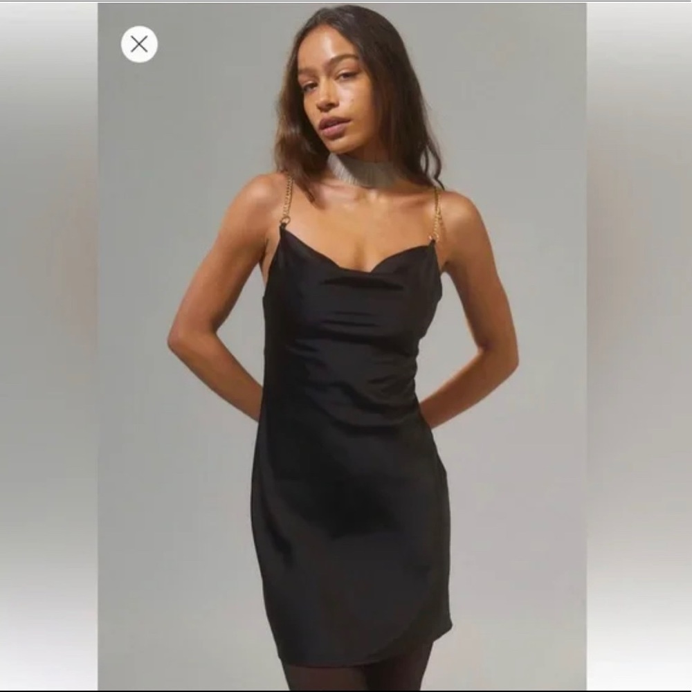 UO Mallory Satin Black Slip Dress-XS